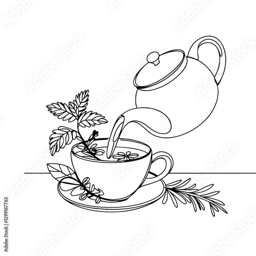 Elegant Herbal Tea Pouring Line Art Vector Illustration