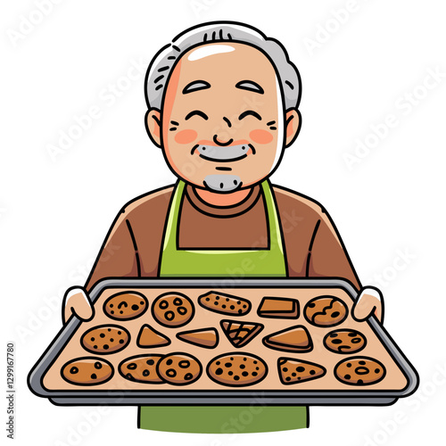 Happy Elderly Baker Holding Tray of Freshly Baked Cookies Vector Illustration