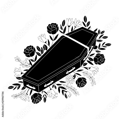 Black Coffin with Floral Decoration Vector for Funereal Themed Design