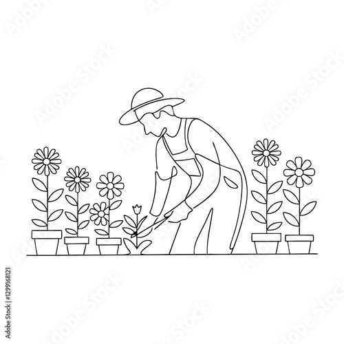 Gardener Tending to Potted Flowers Line Art Illustration for Botanical Projects