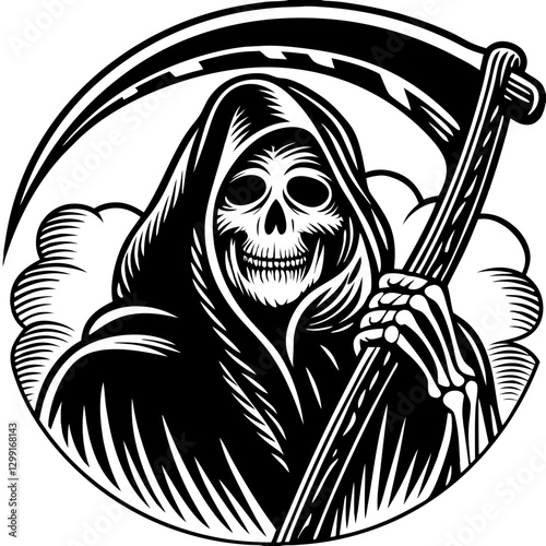 Grim Reaper Holding Scythe Vector Illustration Death Symbol Hooded Skeleton Art