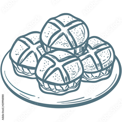 Vector Illustration of Traditional Hot Cross Buns on Plate for Easter Celebration