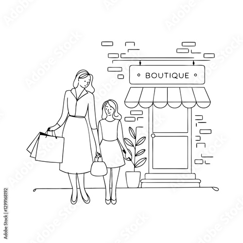 Mother Daughter Shopping Illustration Outside Fashion Boutique