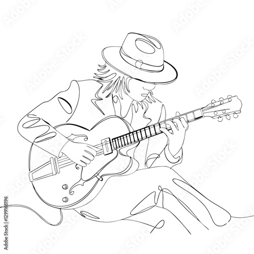 Vector Line Drawing Musician Playing Guitar Wearing Hat