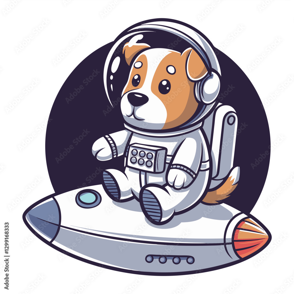 Obraz premium Adorable Space Dog in Astronaut Suit Riding Cartoon Rocket Vector Art