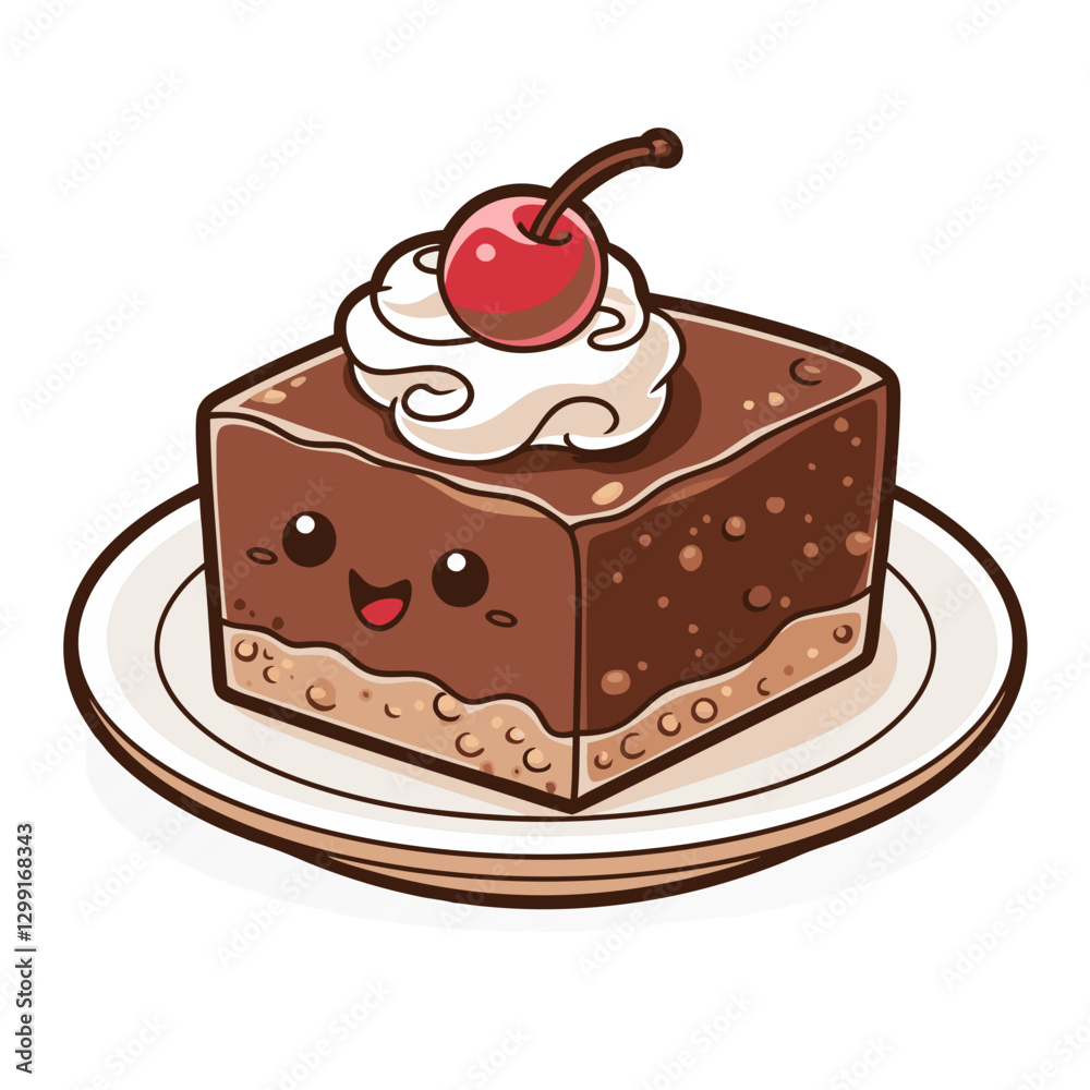 Cute Chocolate Cake Vector with Whipped Cream and Cherry Kawaii Dessert Illustration Cute Chocolate Cake Vector with Whipped Cream and Cherry Kawaii Dessert Illustration