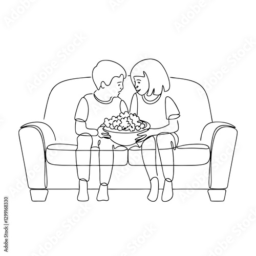 Children Sharing Popcorn on Sofa Vector Illustration of Sibling Bonding and Togetherness