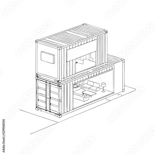 Modern Shipping Container Home Design with Interior Furnishings Vector Illustration