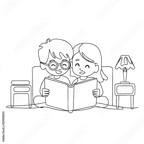 Children Reading Book Together Cozy Living Room Vector Art