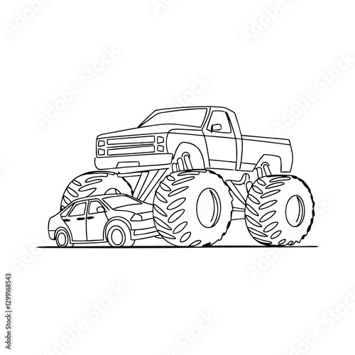 Monster Truck Crushing Car Line Art Vector for Entertainment and Event Design