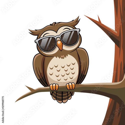 Cool Owl Wearing Sunglasses Sitting on Tree Branch Cartoon Vector Illustration