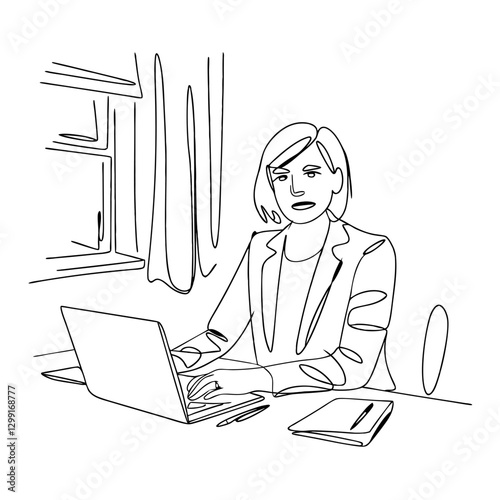 Businesswoman Working on Laptop in Office Line Art Vector Illustration