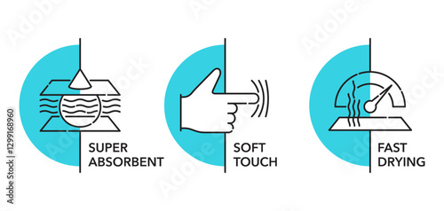 Microfiber towel or cloth icons - Super Absorbent, Soft Touch, Fast Drying.