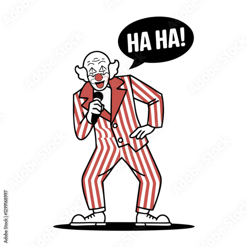 Clown Comedian Holding Microphone in Striped Suit with Speech Bubble Vector Art
