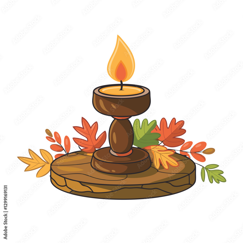 Autumn Candle with Leaves on Wooden Stand Vector Illustration for Seasonal Decor Autumn Candle with Leaves on Wooden Stand Vector Illustration for Seasonal Decor