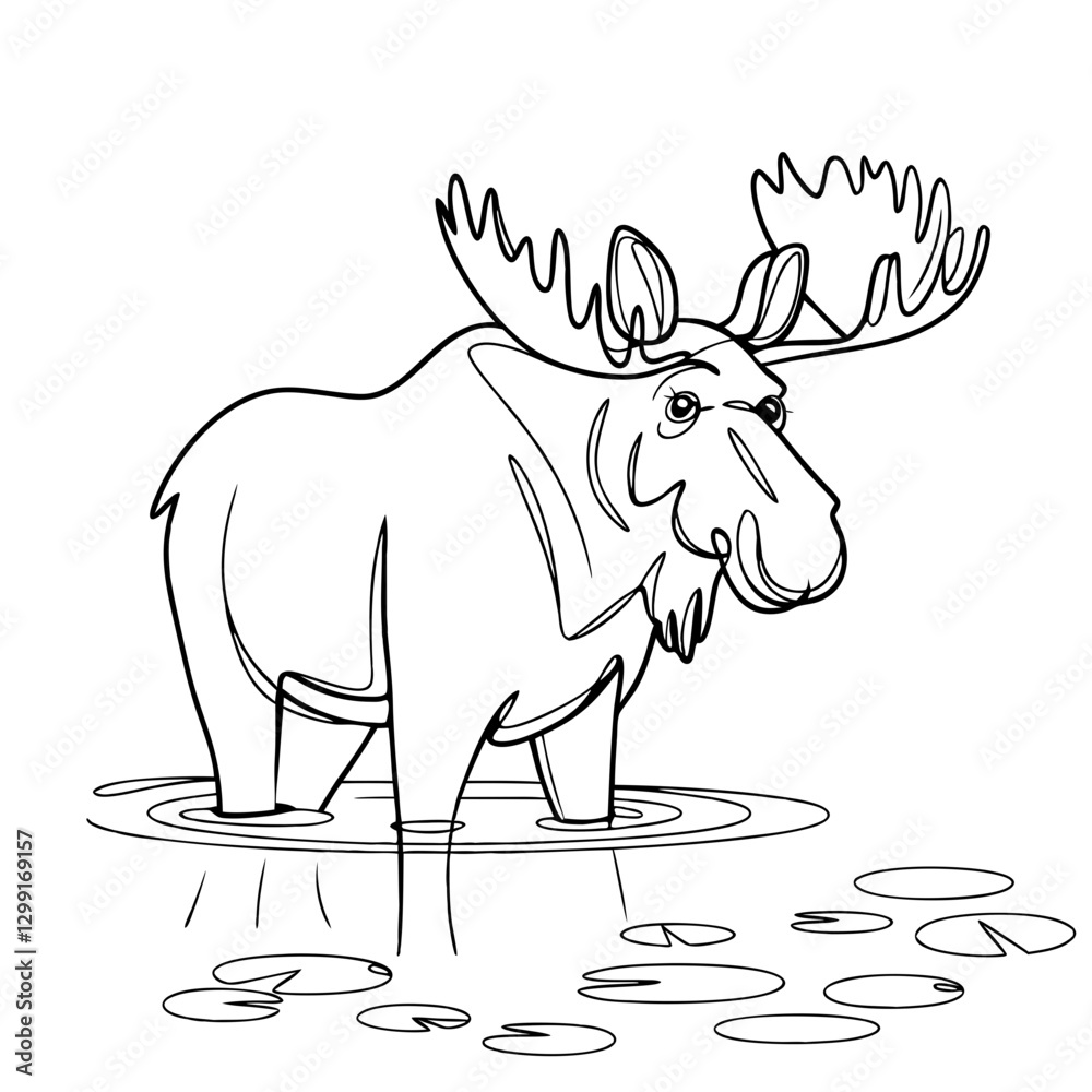Fototapeta premium Moose Standing in Water Line Art Illustration for Nature and Wildlife Themes