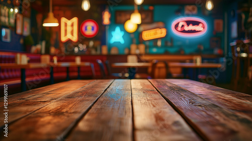 Rustic Wooden Table in a Retro Bar  Empty Surface