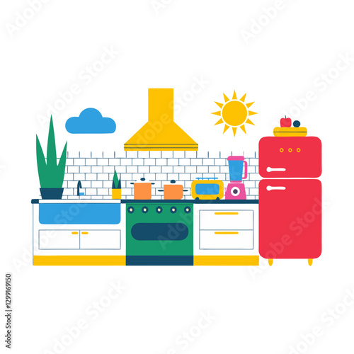 Colorful Modern Kitchen Vector with Appliances and Sun Illustration