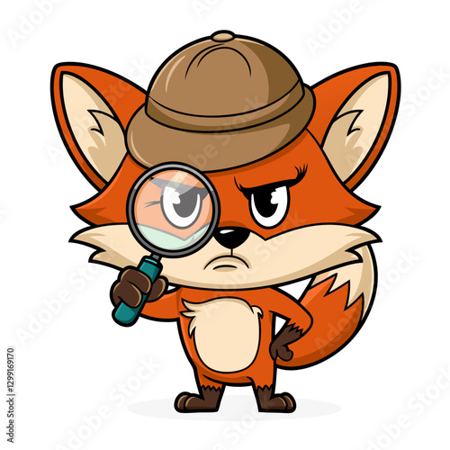 Cute Detective Fox Cartoon with Magnifying Glass Vector Illustration