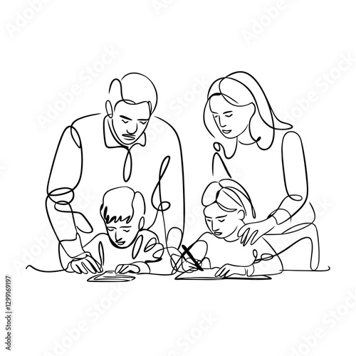 Continuous Line Drawing Family Teaching Children Art Vector Illustration