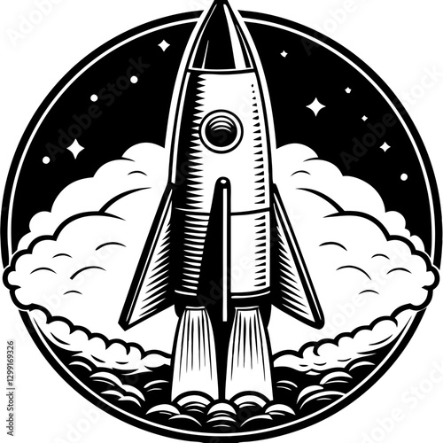 Retro Rocket Ship Launching in Space with Stars and Clouds Vector Illustration