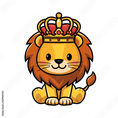 Cute Cartoon Lion Wearing Crown Vector Illustration for Children's Design