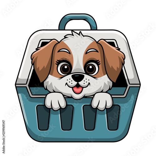 Cute Puppy Vector Illustration in Pet Carrier for Animal Travel and Care Themes