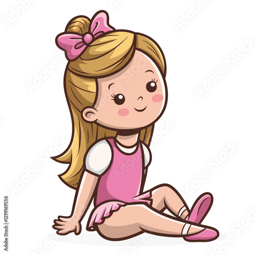 Cute Little Girl in Pink Dress with Bow Sitting Cheerfully Vector Illustration