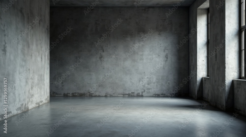 Empty Room with Concrete Walls and Windows, Showing Aged Texture and Industrial Design