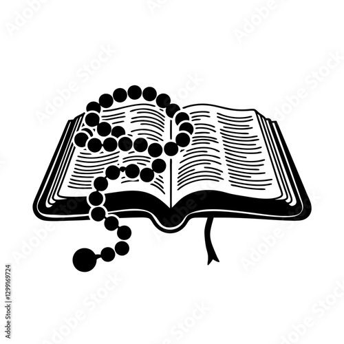 Open Book with Rosary Illustration Symbolizing Faith and Knowledge Vector Design