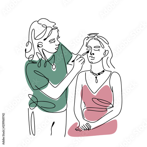 Makeup Artist Applying Cosmetics to Woman in Stylish Line Art Illustration Vector