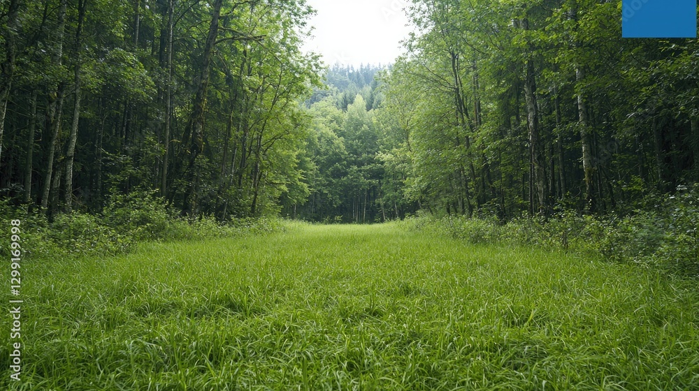 Lush green forest meadow, tranquil scene, nature's beauty, ideal for nature photography Lush green forest meadow, tranquil scene, nature's beauty, ideal for nature photography