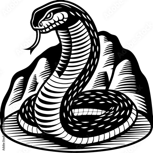 Striking Cobra Vector Illustration with Coiled Body and Mountain Background