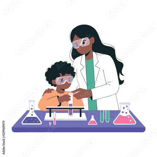 Science Education Teacher Helping Child with Chemistry Experiment in Lab