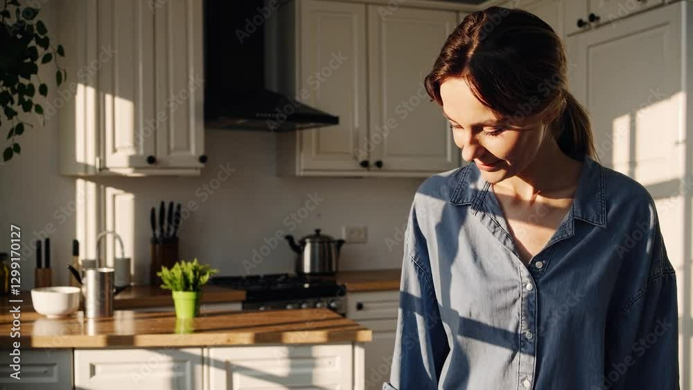 Sunlight streams through the window of a modern kitchen, illuminating a smiling woman as she stands confidently, creating a warm and inviting atmosphere Sunlight streams through the window of a modern kitchen, illuminating a smiling woman as she stands confidently, creating a warm and inviting atmosphere