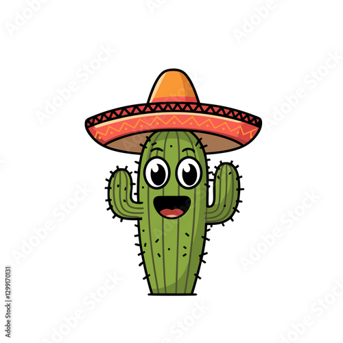 Cute Smiling Cactus Character Wearing Colorful Sombrero Vector Illustration