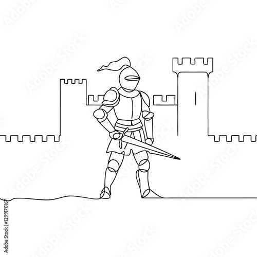 Medieval Knight Silhouette in Armor with Sword and Castle Outline Vector Illustration
