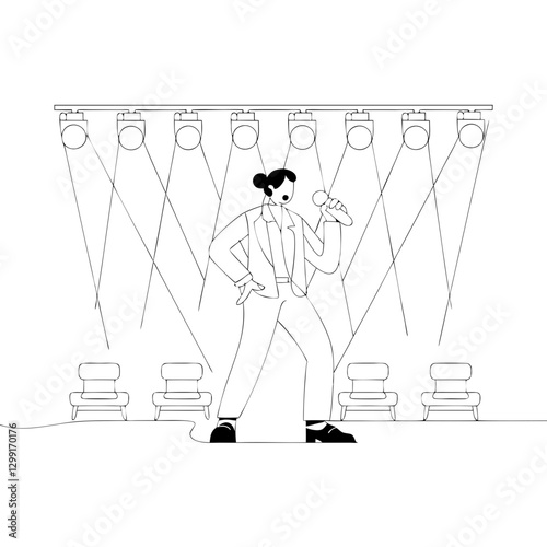 Vector Illustration of Woman Singing on Stage with Spotlight and Microphone