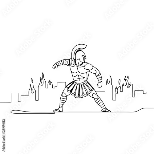 Warrior in Armored Battle Stance Defending Burning City Line Art Illustration
