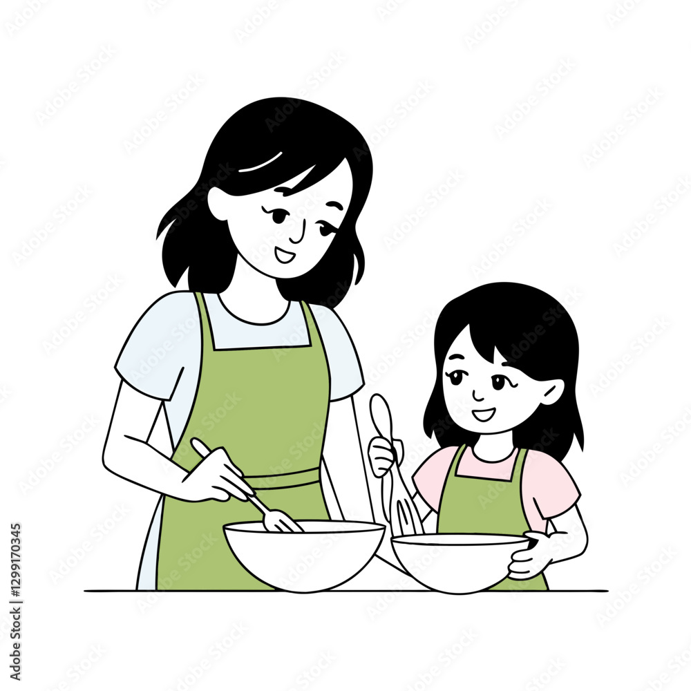 Mother and Daughter Baking Together Vector Illustration for Family Cooking Fun Mother and Daughter Baking Together Vector Illustration for Family Cooking Fun