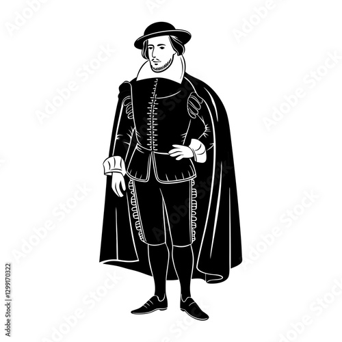 Vintage Renaissance Man Silhouette with Cape and Hat Vector Illustration