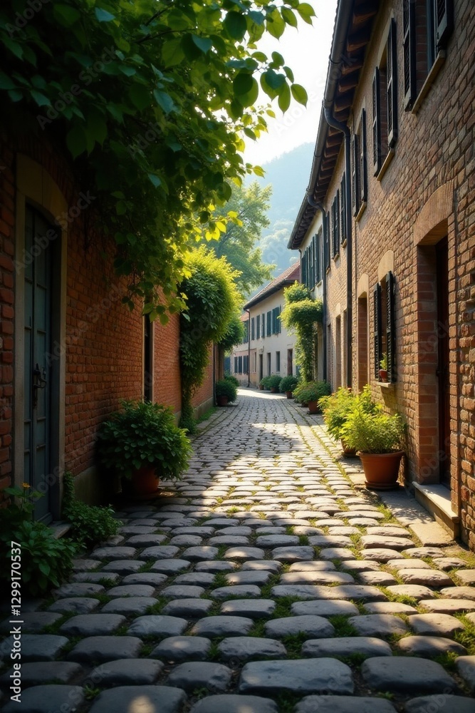 Obraz premium Sun-dappled cobblestone lane between aged brick buildings, lush greenery framing a picturesque passageway, tranquil atmosphere of a quaint village street