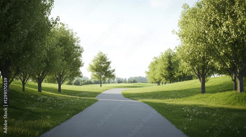 Serene Summer Landscape Winding Path Through a Sunlit Green Meadow with Lush Trees in a Scenic Rural Area and Open Space Along a Trail in the Countryside Featuring Foliage and Greenery and a Bright Serene Summer Landscape Winding Path Through a Sunlit Green Meadow with Lush Trees in a Scenic Rural Area and Open Space Along a Trail in the Countryside Featuring Foliage and Greenery and a Bright