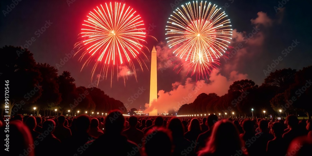 Obraz premium Crowd of people watching fireworks in front of the Washington Monument , red and white fireworks , night scene , trees on the sides