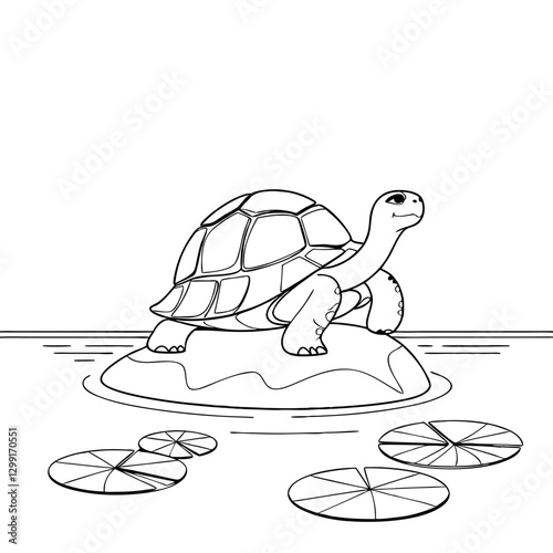 Turtle Sitting on Rock in Pond with Lily Pads Illustration
