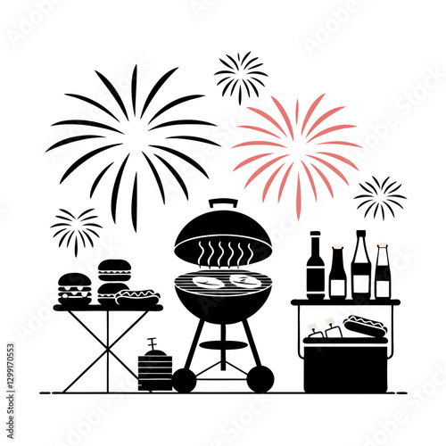 Festive Barbecue Celebration with Grill Food and Fireworks Vector Illustration