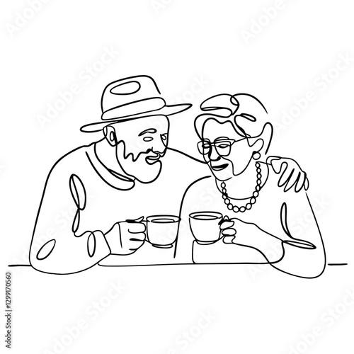 Elders Sharing Coffee Happy Seniors Minimalist Line Art Illustration