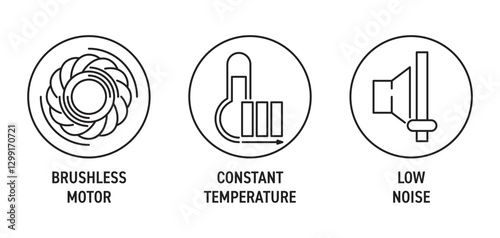 Hair Dryer icons - Brushless motor, Constant temperature, Low noise