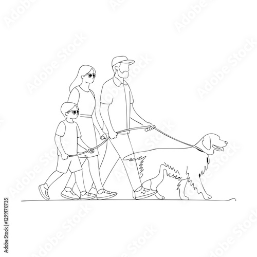 Family Walking Dog Line Art Vector Drawing Modern Illustrative Design