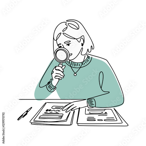 Woman Analyzing Documents with Magnifying Glass for Detailed Inspection Illustration